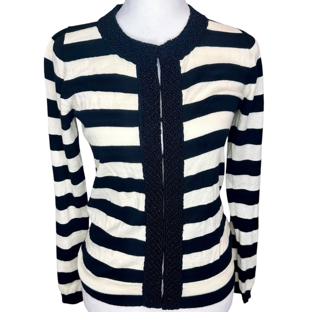 Boden Black and White Stripe Beaded Cardigan Size 4